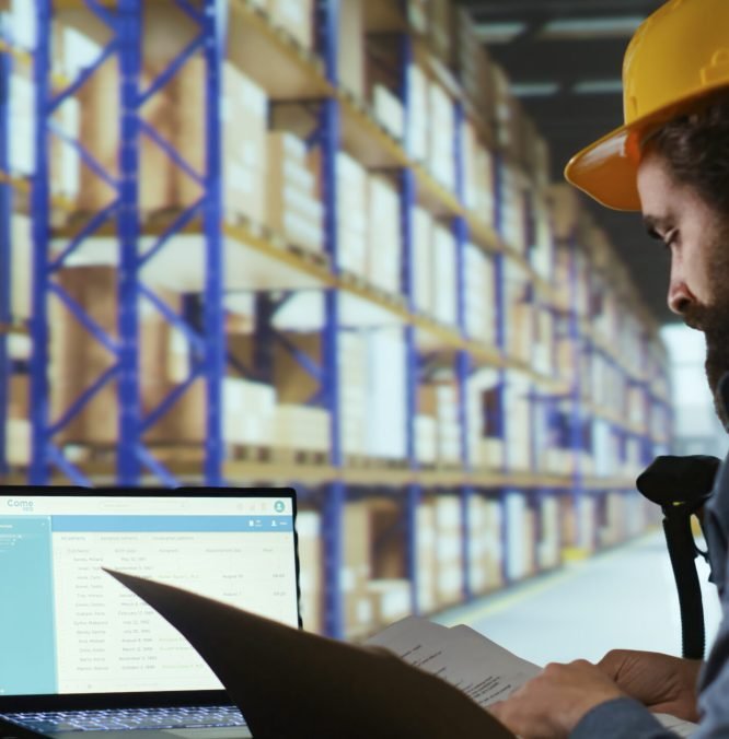 Export supervisor drafting billing for product logistics, managing shipping and delivery requirements. Factory operator reviewing dispatch reports for order submission and stock control.